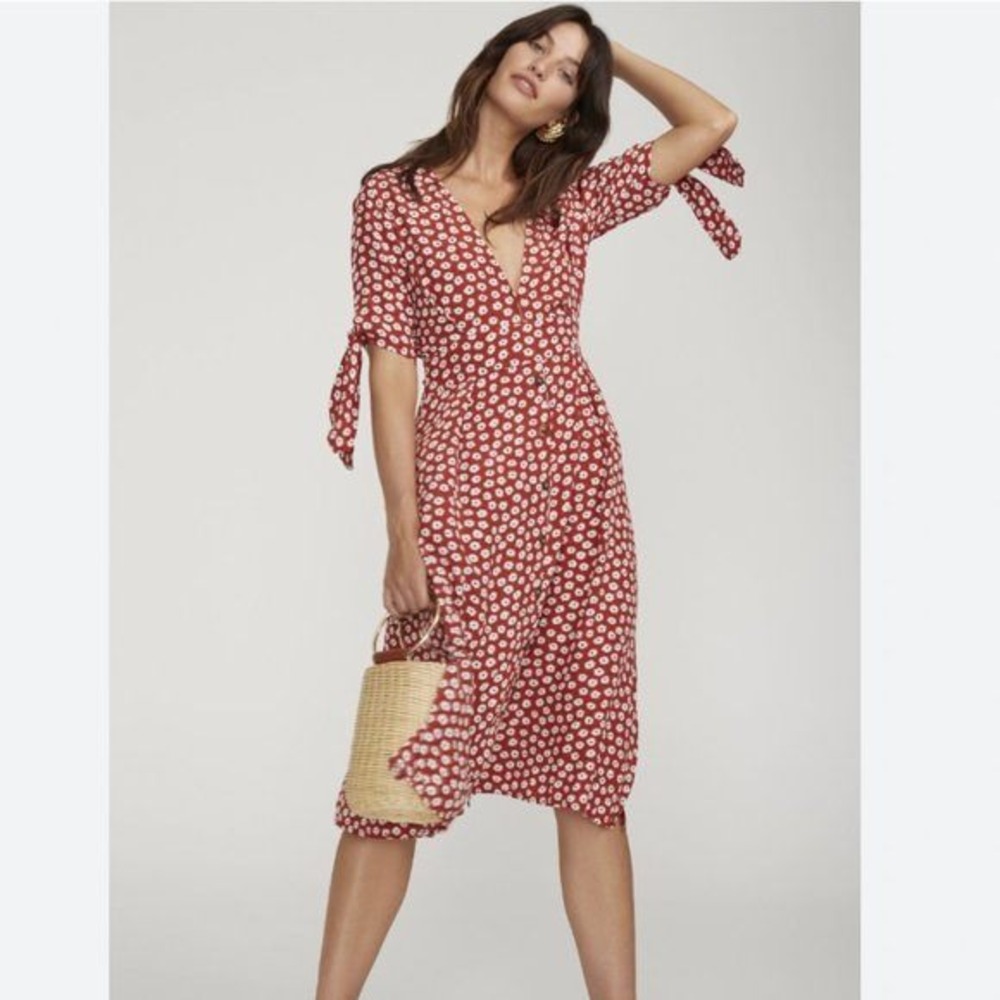 Faithfull The Brand Nina Floral Midi Dress Rust Red Daisy Rayon Button Front 8